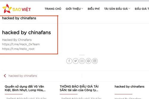 Website Công ty Đấu giá Hợp danh Sao Việt bị nhóm tin tặc Chinafans tấn công thay đổi giao diện