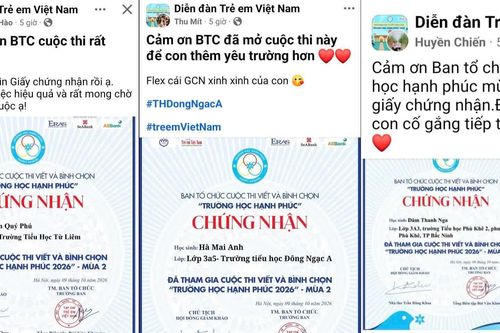 Phụ huynh vui mừng khi con nhận giấy chứng nhận Cuộc thi Viết và Bình chọn Trường học Hạnh phúc 2026