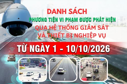 Danh sách phương tiện vi phạm giao thông được phát hiện qua hệ thống giám sát và thiết bị nghiệp vụ từ ngày 1 - 10/10/2026