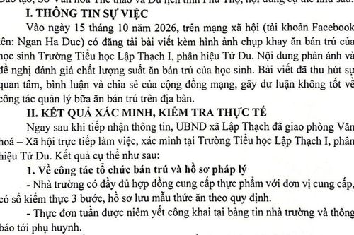 Phú Thọ: Làm rõ phản ánh về bữa ăn bán trú tại Trường Tiểu học Lập Thạch 1