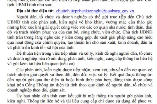 Công khai địa chỉ thư điện tử Chủ tịch UBND tỉnh tiếp nhận kiến nghị của người dân, doanh nghiệp