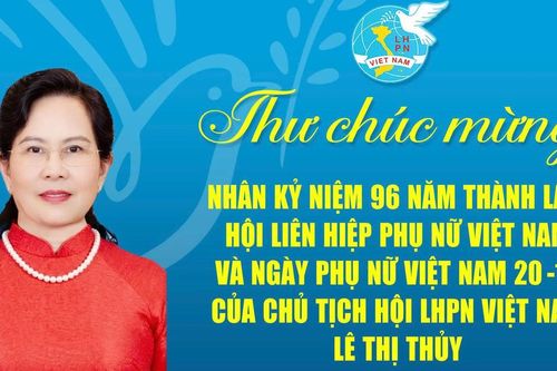 Thư chúc mừng nhân kỷ niệm 96 năm thành lập Hội LHPN Việt Nam và Ngày Phụ nữ Việt Nam 20-10 của Chủ tịch Hội LHPN Việt Nam Lê Thị Thủy