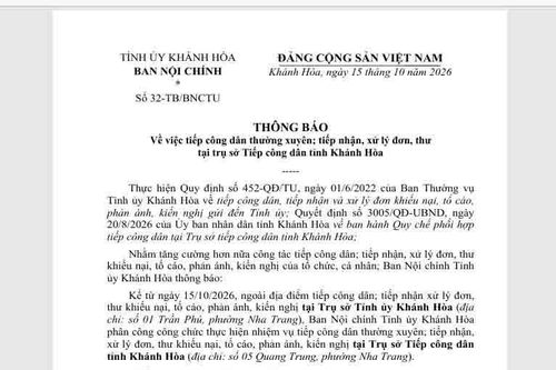 Ban Nội chính Tỉnh ủy Khánh Hòa thông báo tiếp công dân thường xuyên và tiếp nhận, xử lý đơn, thư