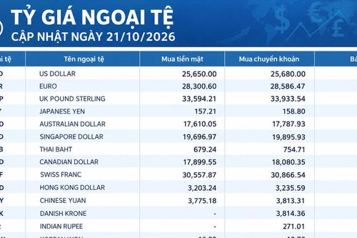 Tỷ giá ngoại tệ ngày 21/10/2026: USD mua vào 25.680 đồng
