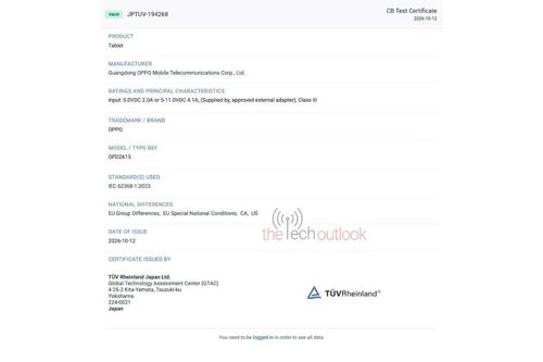 OPPO Pad 6 F Lite lộ diện chứng nhận TÜV Rheinland với công suất sạc nhanh đạt mức 45W