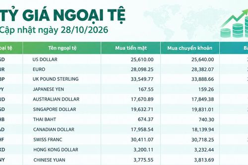 Tỷ giá ngoại tệ ngày 28/10: USD bán ra 26.220 đồng, franc Thụy Sĩ duy trì mức giá bán cao