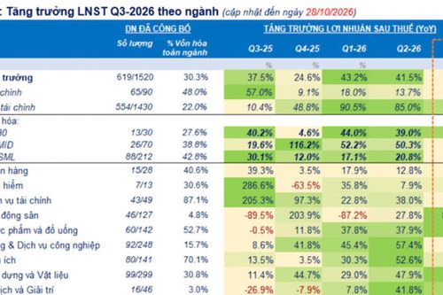 Đã có 619 báo cáo lợi nhuận quý 3/2026, tăng 23% nhóm tài chính hụt hơi