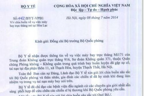 Bộ Y tế chia buồn với thân nhân chiến sỹ trong vụ rơi máy bay Mi171