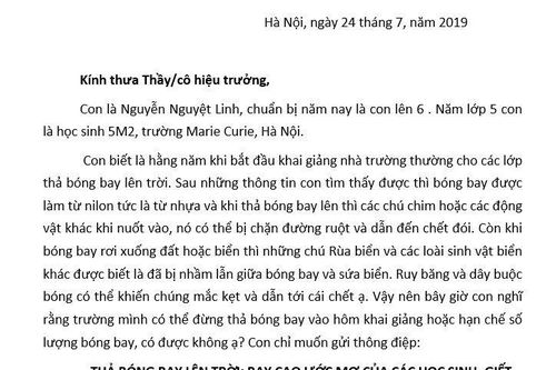 Bé gái 6 tuổi viết thư gửi các trường học đề nghị 'không thả bóng bay ngày khai giảng'