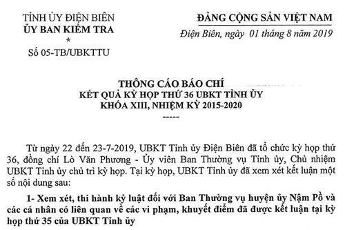 Thông cáo báo chí kết quả kỳ họp thứ 36 UBKT Tỉnh ủy