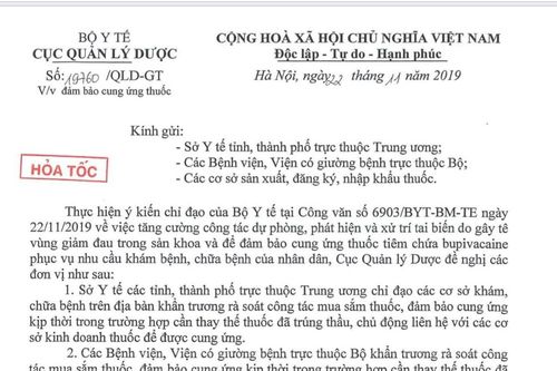 Cục Quản lý Dược gửi công văn hỏa tốc giao Sở Y tế chủ động thay thế thuốc tê