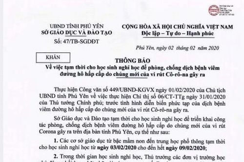 Phú Yên: Cho học sinh tạm nghỉ học đến hết ngày 9.2 để phòng dịch virus corona