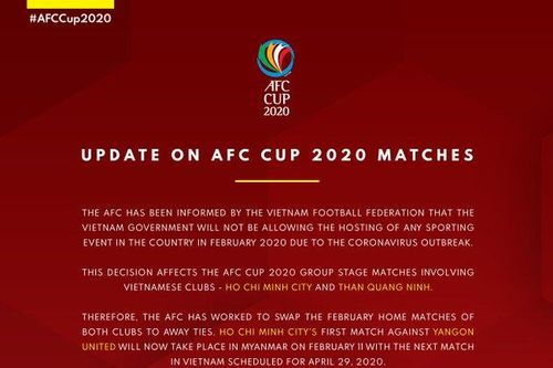 AFC Cup: 'Né' dịch nCoV, 2 đại diện Việt Nam phải đá sân khách