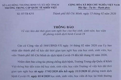 Một trường trung cấp ở TPHCM cho học sinh nghỉ hết tháng 3