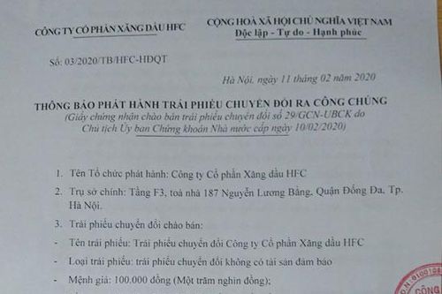 Công ty Cổ phần Xăng dầu HFC chào bán 200.000 trái phiếu chuyển đổi