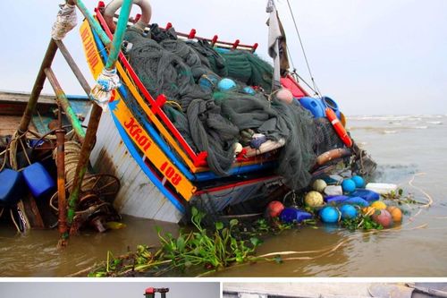 Tàu cá bị chìm tại cửa biển, 5 ngư dân may mắn thoát nạn