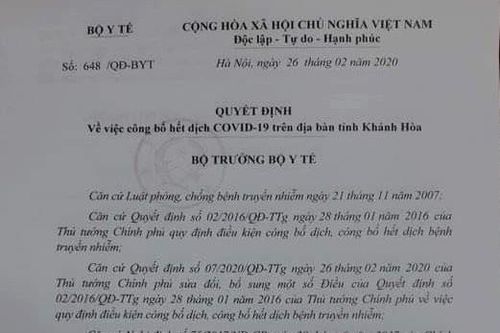 Bộ Y tế công bố quyết định hết dịch COVID-19 tại Khánh Hòa