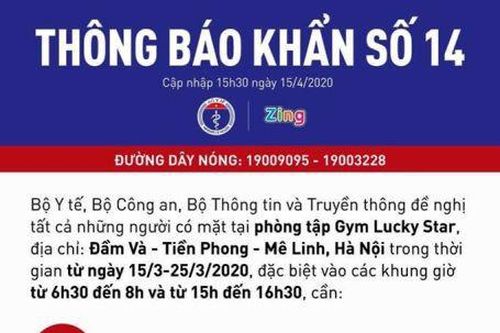 Bộ Y tế khẩn cấp tìm người tới phòng tập Gym Lucky Star ở Mê Linh, Hà Nội