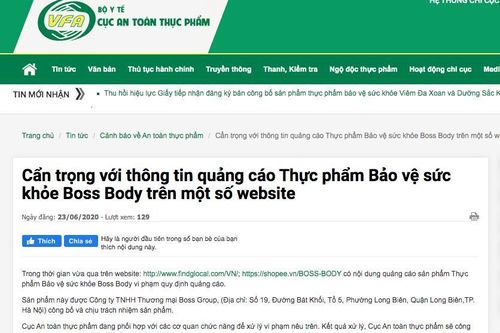 Không mua, sử dụng thực phẩm bảo vệ sức khỏe Boss Body được quảng cáo trên một số website