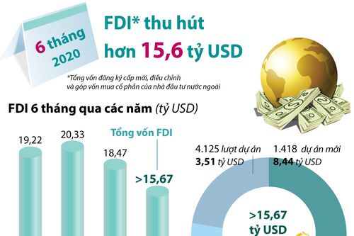 Thu hút FDI đạt hơn 15,6 tỷ USD trong 6 tháng đầu năm