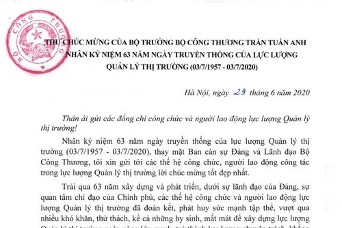 Bộ trưởng Trần Tuấn Anh gửi thư chúc mừng Ngày truyền thống lực lượng QLTT