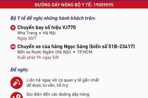 Bộ Y tế thông báo khẩn chuyến bay VJ và chuyến xe khách Ngọc Sáng