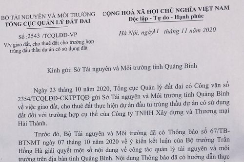 Giao đất dự án ở Quảng Bình: Vì sao Tổng cục Quản lý đất đai 'vội' thu hồi văn bản sau 17 ngày ký?