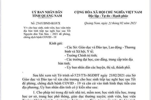Quảng Nam: Văn bản giả mạo cho học sinh nghỉ học đến hết ngày 21.3