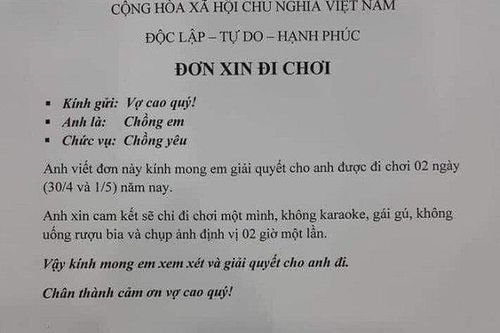 Chồng viết đơn xin đi chơi 30/4, phản ứng của vợ khiến dân mạng cười 'té ghế'