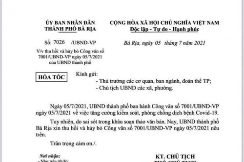 Hủy bỏ công văn yêu cầu người vào TP Bà Rịa phải có giấy xét nghiệm COVID-19 âm tính