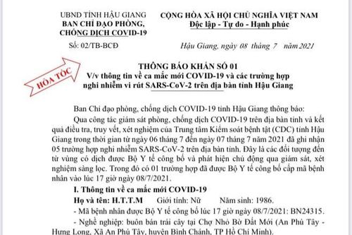 Hậu Giang ghi nhận 1 ca mắc Covid-19, 4 trường hợp nghi nhiễm SARS-CoV-2