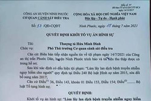 Khởi tố vụ án hình sự làm lây lan dịch bệnh tại Ninh Phước, Ninh Thuận