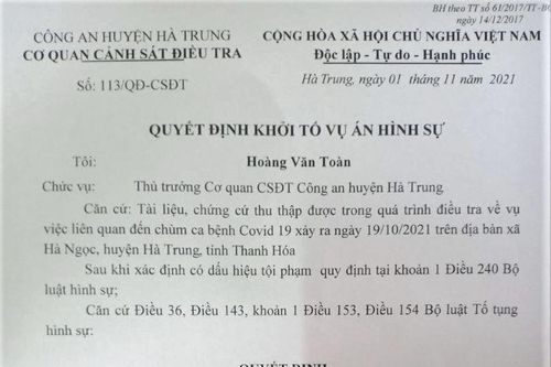 Khởi tố vụ án làm lây lan dịch bệnh COVID-19 tại xã Hà Ngọc, huyện Hà Trung