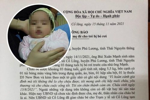 Bé gái 3 tháng tuổi bị bỏ lại trước nhà người lạ kèm lời nhắn 'vì hoàn cảnh không thể lo cho cháu'