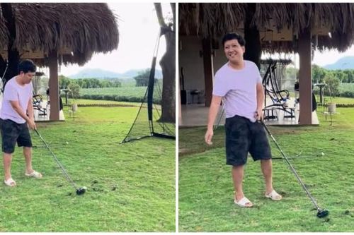 Trường Giang đi dép tổ ong, kể cả lúc đánh golf