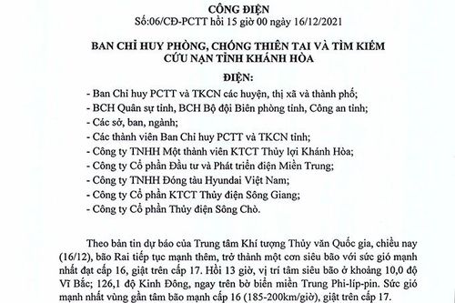 Công điện về việc ứng phó với bão Rai