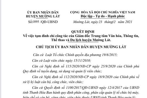 Tạm đình chỉ công tác Giám đốc Trung tâm Văn hóa, Thông tin, Thể thao và Du lịch huyện Mường Lát