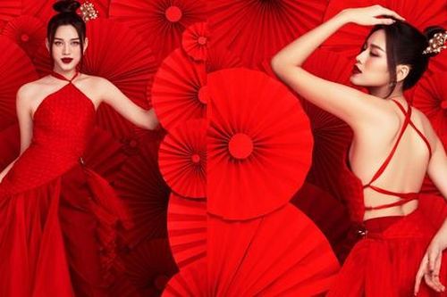 Hoa hậu Đỗ Thị Hà diện yếm đỏ, khoe lưng trần gợi cảm trong bộ ảnh Tết