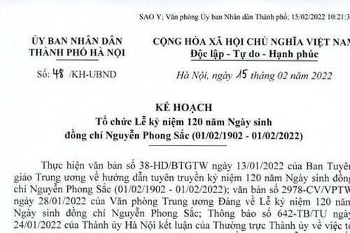 Hà Nội chuẩn bị tổ chức Lễ kỷ niệm 120 năm Ngày sinh đồng chí Nguyễn Phong Sắc
