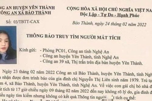 Nữ sinh lớp 11 ở Nghệ An mất tích nhiều ngày