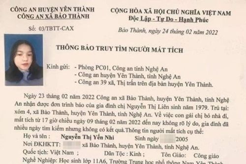 Nữ sinh lớp 11 ở Nghệ An mất tích sau khi bỏ nhà đi