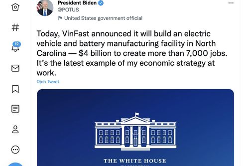 Tổng thống Biden thông báo Vinfast xây nhà máy sản xuất xe điện và pin trị giá 4 tỉ USD ở Mỹ