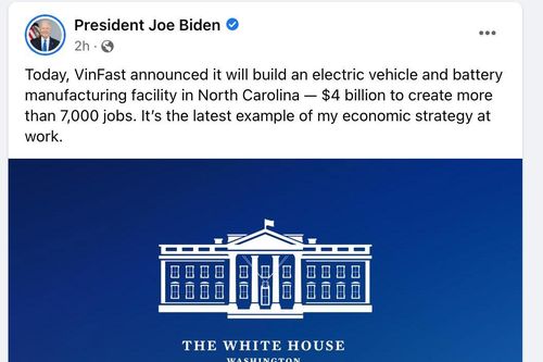 Facebook của Tổng thống Biden chào đón Vinfast đầu tư nhà máy xe điện ở Mỹ