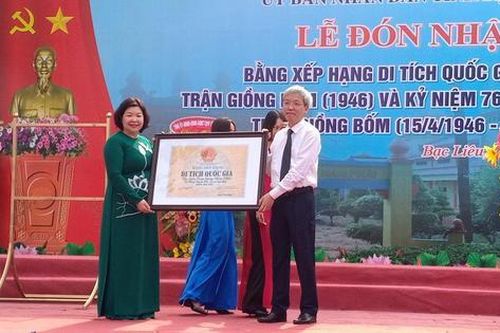 Bạc Liêu đón nhận Bằng xếp hạng di tích Quốc gia Địa điểm trận Giồng Bốm