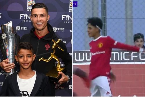 Cristiano Ronaldo Jr 'sao y' màn ăn mừng của bố sau khi giúp MU vượt qua đội bóng Tây Ban Nha