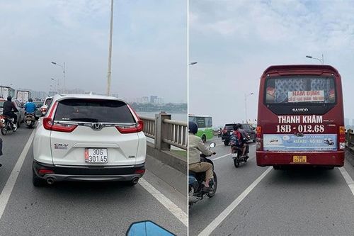 Bức xúc cảnh hàng dài ô tô thản nhiên chen vào làn xe máy ở cầu Vĩnh Tuy