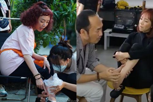 Thu Trang gặp chấn thương chân nghiêm trọng khi quay phim Nghề Siêu Dễ, Tiến Luật ân cần chăm sóc vợ