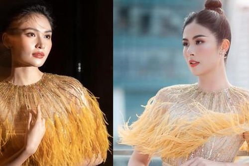 Cùng mặc váy lông vũ vàng rực, Hoa hậu Ngọc Hân và Á hậu Thùy Dung lộng lẫy tựa 'nữ thần'
