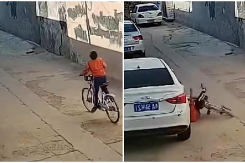 Ngậm bánh, tung tăng đạp xe rồi lao vào ô tô đỗ ven đường, hành động sau đó của cậu bé gây cười xỉu