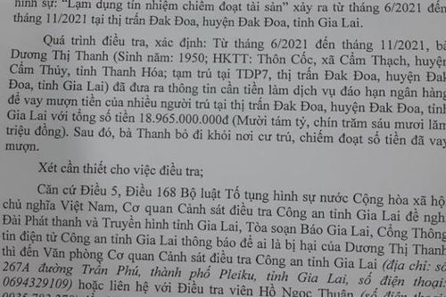 Gia Lai: Bà lão 72 tuổi 'cuỗm' hơn 18 tỷ đồng rồi bỏ trốn
